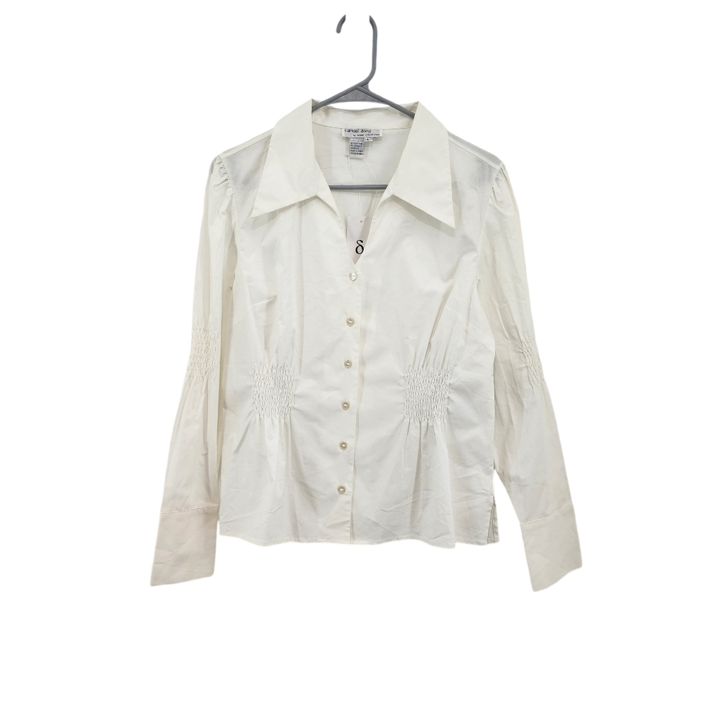 Samuel Dong Women's Cotton Stretch Smock Button Front Shirt - L